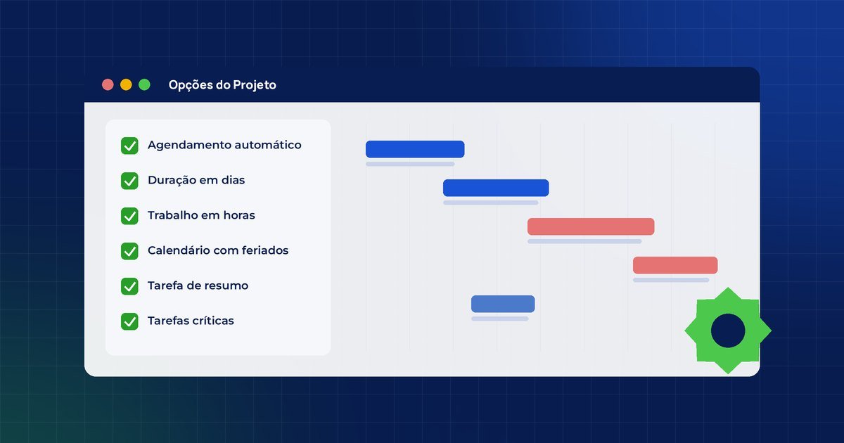 Cronograma: Atividades, durações, marcos e configurações que fazem o Project calcular as datas.
